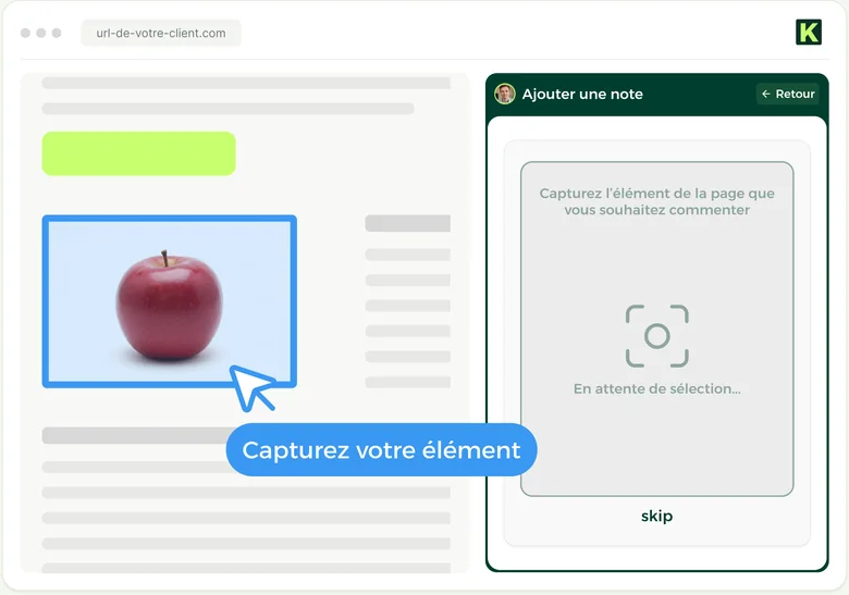 Un client sélectionne un élément de la page pour le commenter avec l'extension Kalinotes