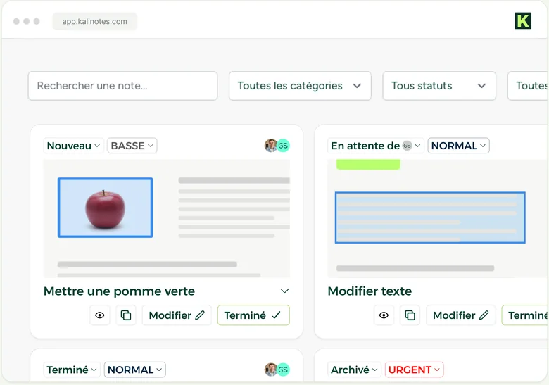 Le tableau de bord Kalinotes regroupe tous les retours du client