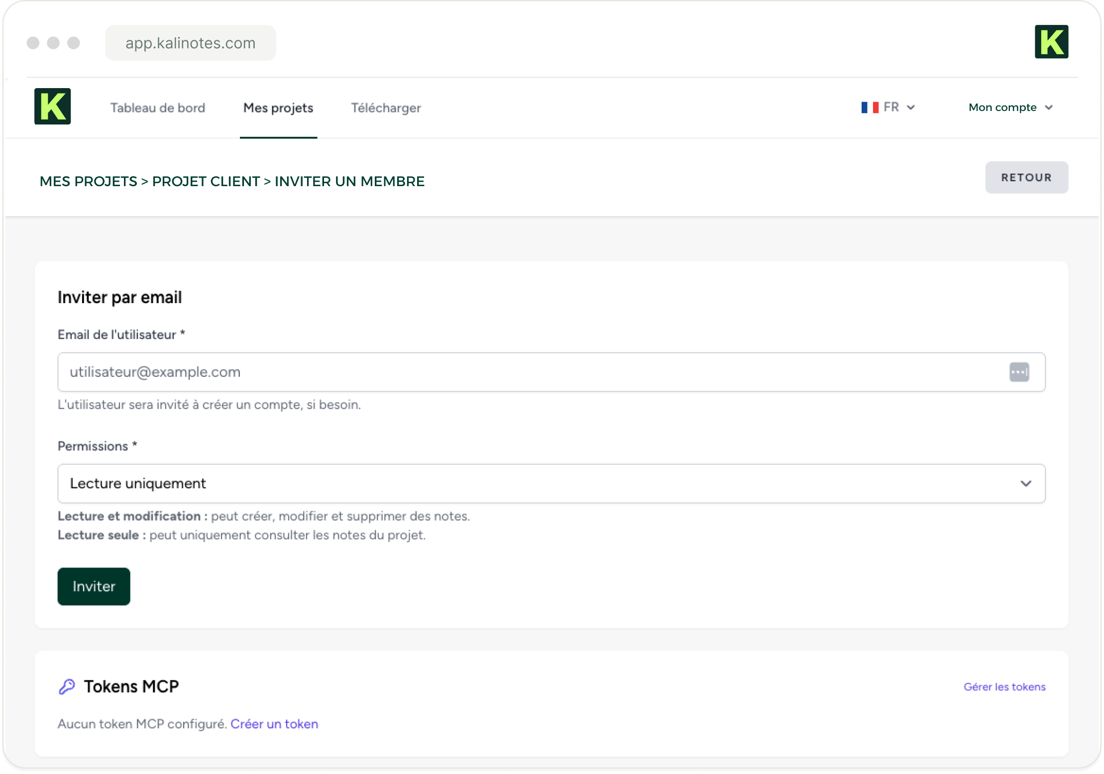 Invitation d'un membre et gestion des accès à un projet dans Kalinotes